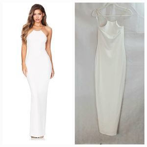 NWT Nookie Lexi Chain Gown Women's (M) White Crepe Gold Chain Straps Slit--$299